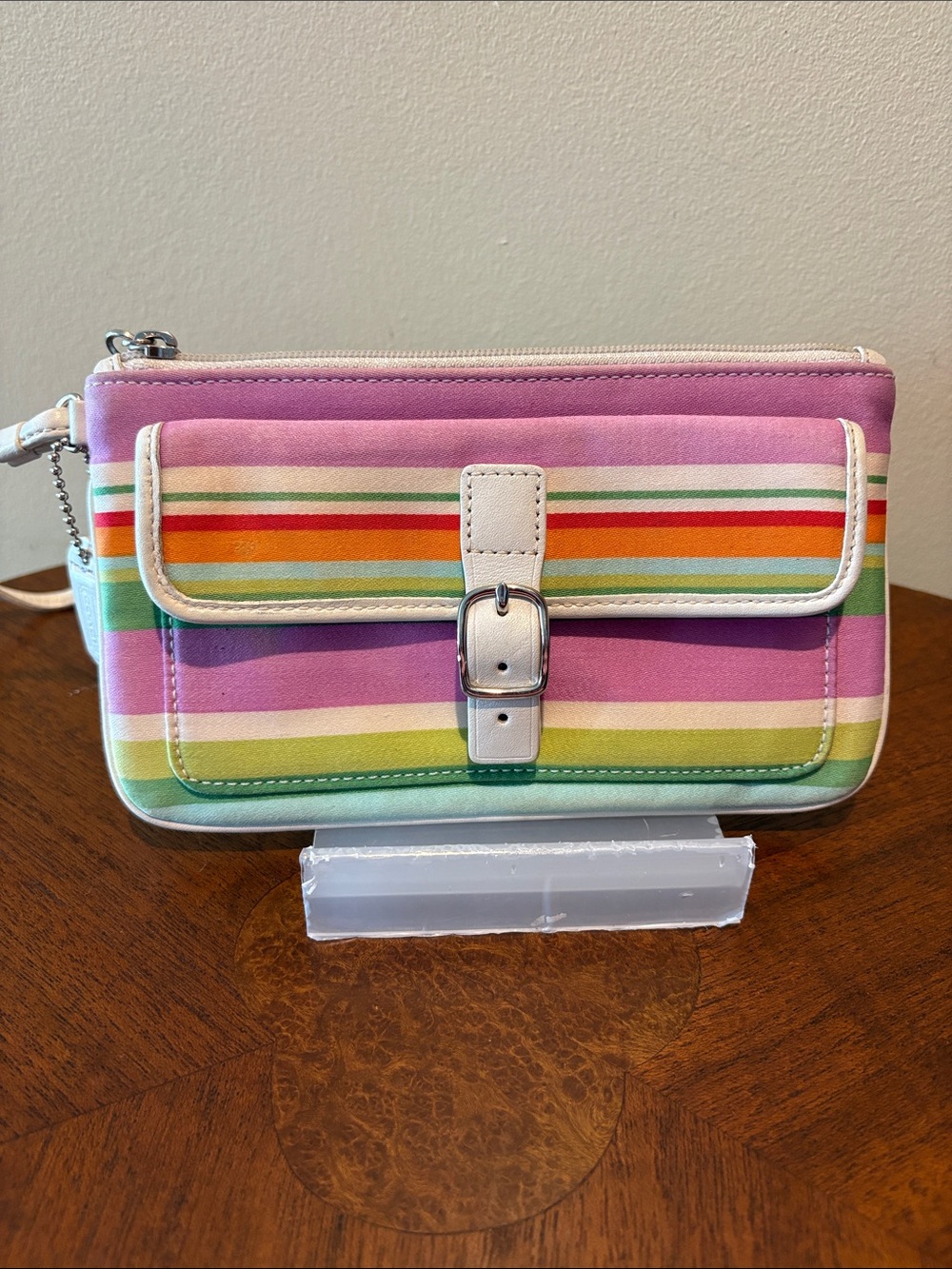 Coach Hampton wristlet  clutch Multicolor Striped  violet green / white leather